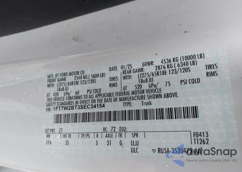 2025 Ford F-250 Xlt from USA, damaged, VIN 1FT7W2BT3SEC34154